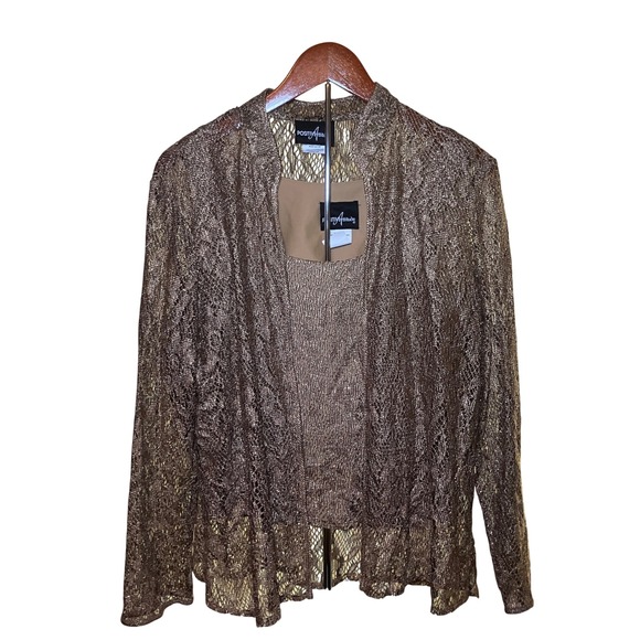 Positive Attitude Other - Positive Attitude Cardigan Set Women 14 Gold Metallic Crochet 2pc Vintage
